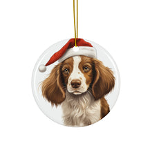 DistinctInk Hanging Ceramic Christmas Tree Ornament with Gold String - Great Gift/Present - 2 3/4 inch Diameter - Welsh Springer Spaniel Puppy Drawing Design
