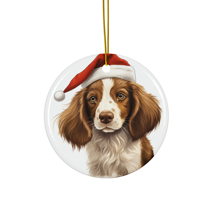 DistinctInk Hanging Ceramic Christmas Tree Ornament with Gold String - Great Gift/Present - 2 3/4 inch Diameter - Welsh Springer Spaniel Puppy Drawing Design