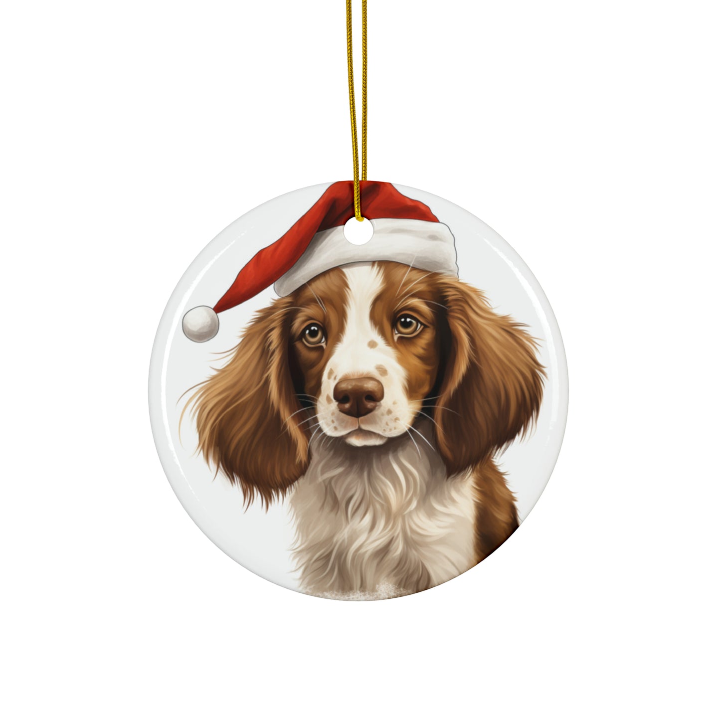 DistinctInk Hanging Ceramic Christmas Tree Ornament with Gold String - Great Gift/Present - 2 3/4 inch Diameter - Welsh Springer Spaniel Puppy Drawing Design
