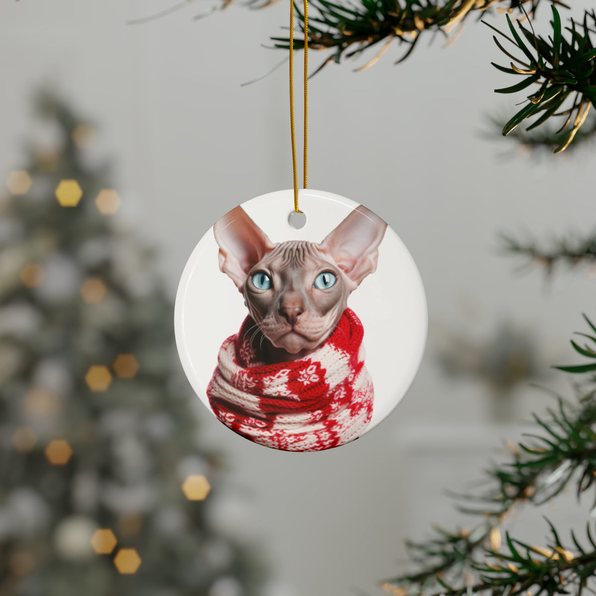 Hanging Ceramic Christmas Tree Ornament with Gold String - Sphynx Cat Design, view 3
