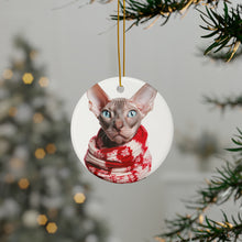DistinctInk Hanging Ceramic Christmas Tree Ornament with Gold String - Great Gift/Present - 2 3/4 inch Diameter - Sphynx Cat Design