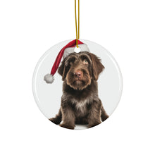 DistinctInk Hanging Ceramic Christmas Tree Ornament with Gold String - Great Gift/Present - 2 3/4 inch Diameter - Wirehaired Pointing Griffon Puppy Design