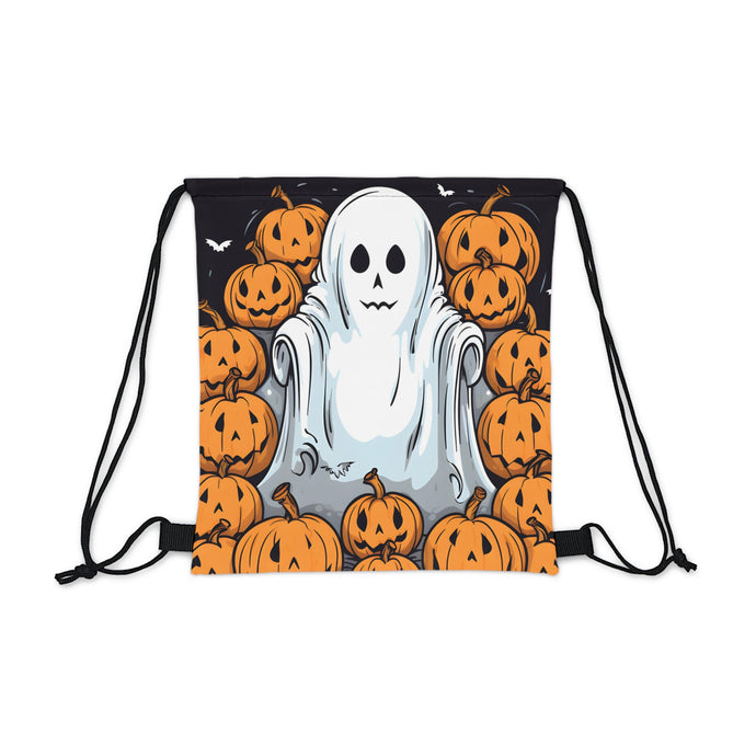 DistinctInk Drawstring Bag / Backpack with Skeletal Ghostly Pumpkins Design for Halloween