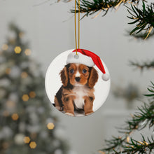 DistinctInk Hanging Ceramic Christmas Tree Ornament with Gold String - Great Gift/Present - 2 3/4 inch Diameter - Cavalier King Charle Spaniel Puppy Design
