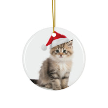DistinctInk Hanging Ceramic Christmas Tree Ornament with Gold String - Great Gift/Present - 2 3/4 inch Diameter - American Bobtail Kitten Design