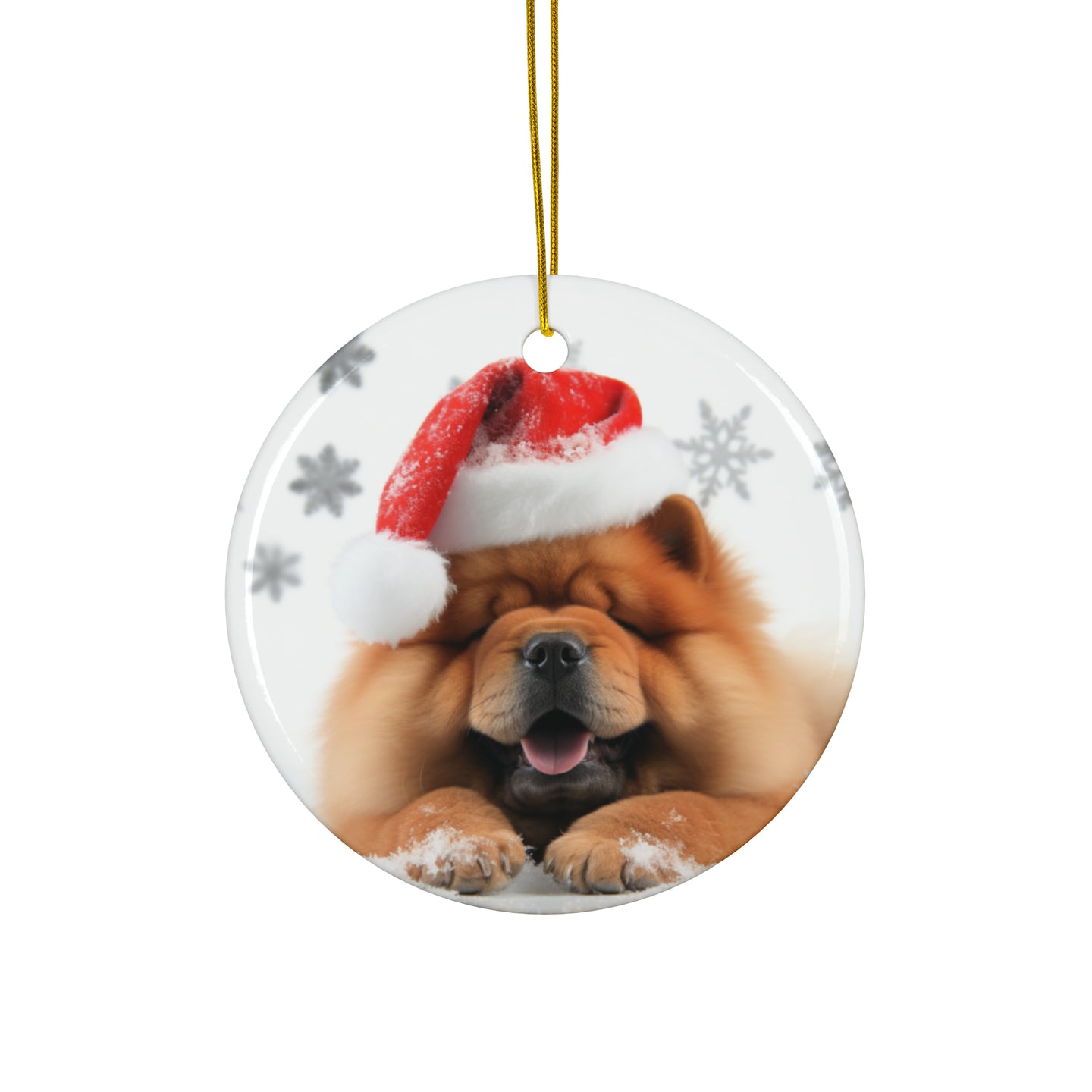 DistinctInk Hanging Ceramic Christmas Tree Ornament with Gold String - Great Gift/Present - 2 3/4 inch Diameter - Chow Chow Design
