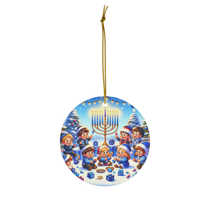 DistinctInk Hanging Ceramic Christmas Tree Ornament Charm with Gold String - Great Gift/Present - 2 3/4 inch Diameter - Hanukkah and Christmas Joy
