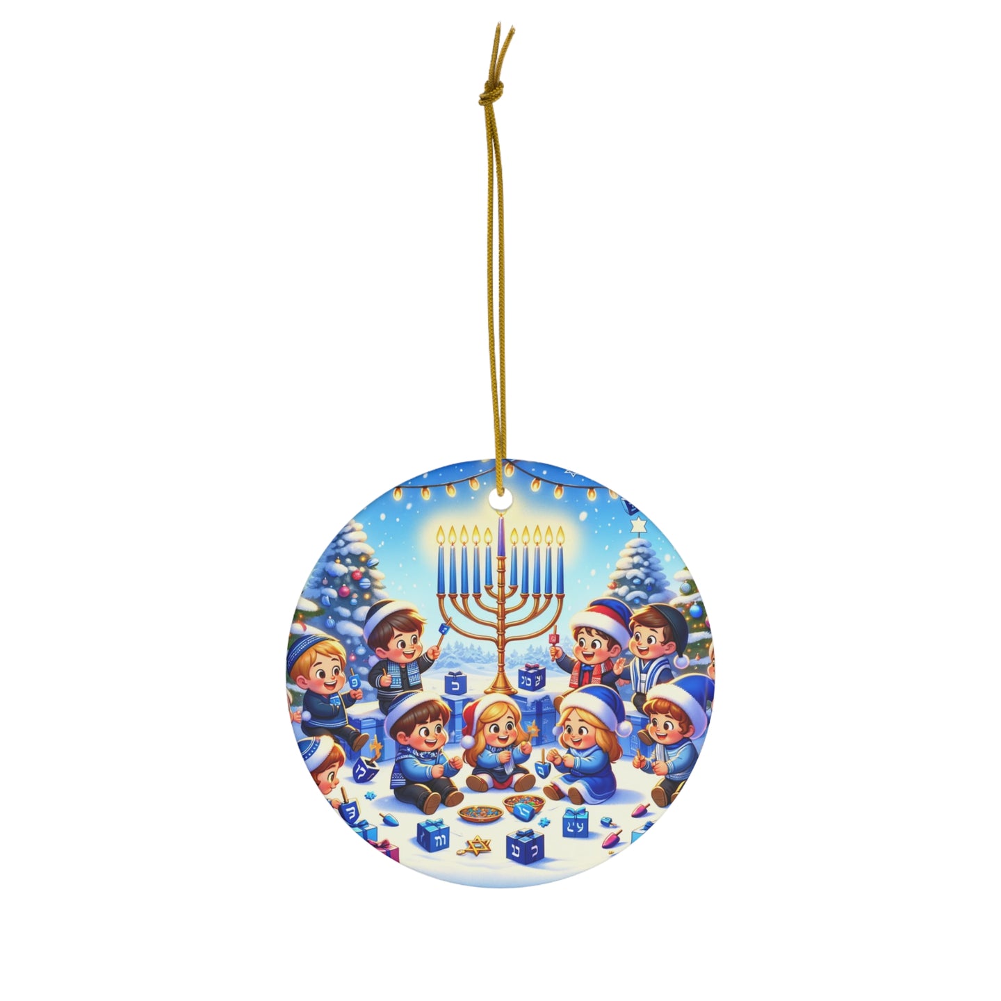 DistinctInk Hanging Ceramic Christmas Tree Ornament Charm with Gold String - Great Gift/Present - 2 3/4 inch Diameter - Hanukkah and Christmas Joy