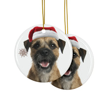 DistinctInk Hanging Ceramic Christmas Tree Ornament with Gold String - Great Gift/Present - 2 3/4 inch Diameter - Border Terrier Design