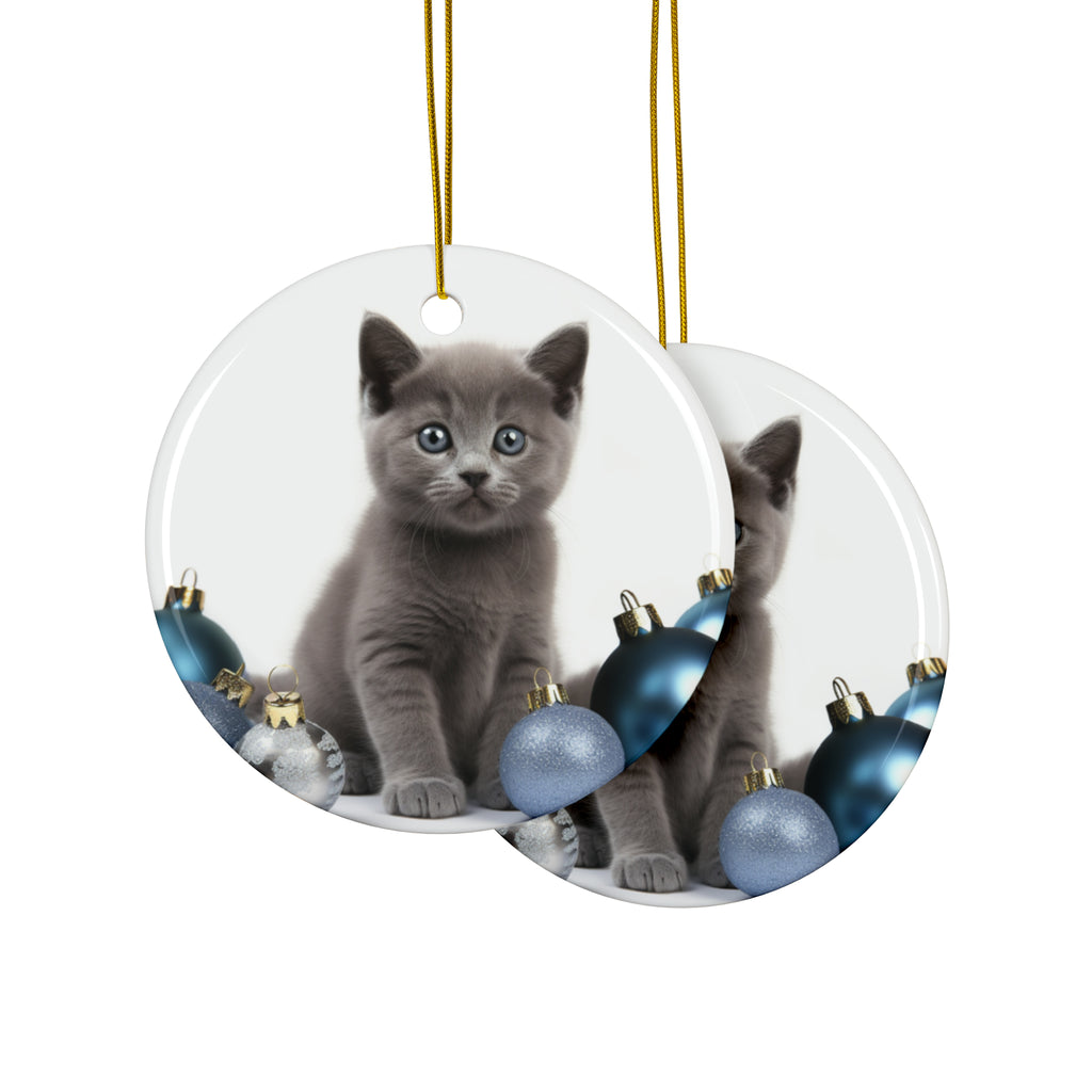 Hanging Ceramic Christmas Tree Ornament with Gold String - Russian Blue Kitten Design, view 2
