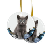 DistinctInk Hanging Ceramic Christmas Tree Ornament with Gold String - Great Gift/Present - 2 3/4 inch Diameter - Russian Blue Kitten Design