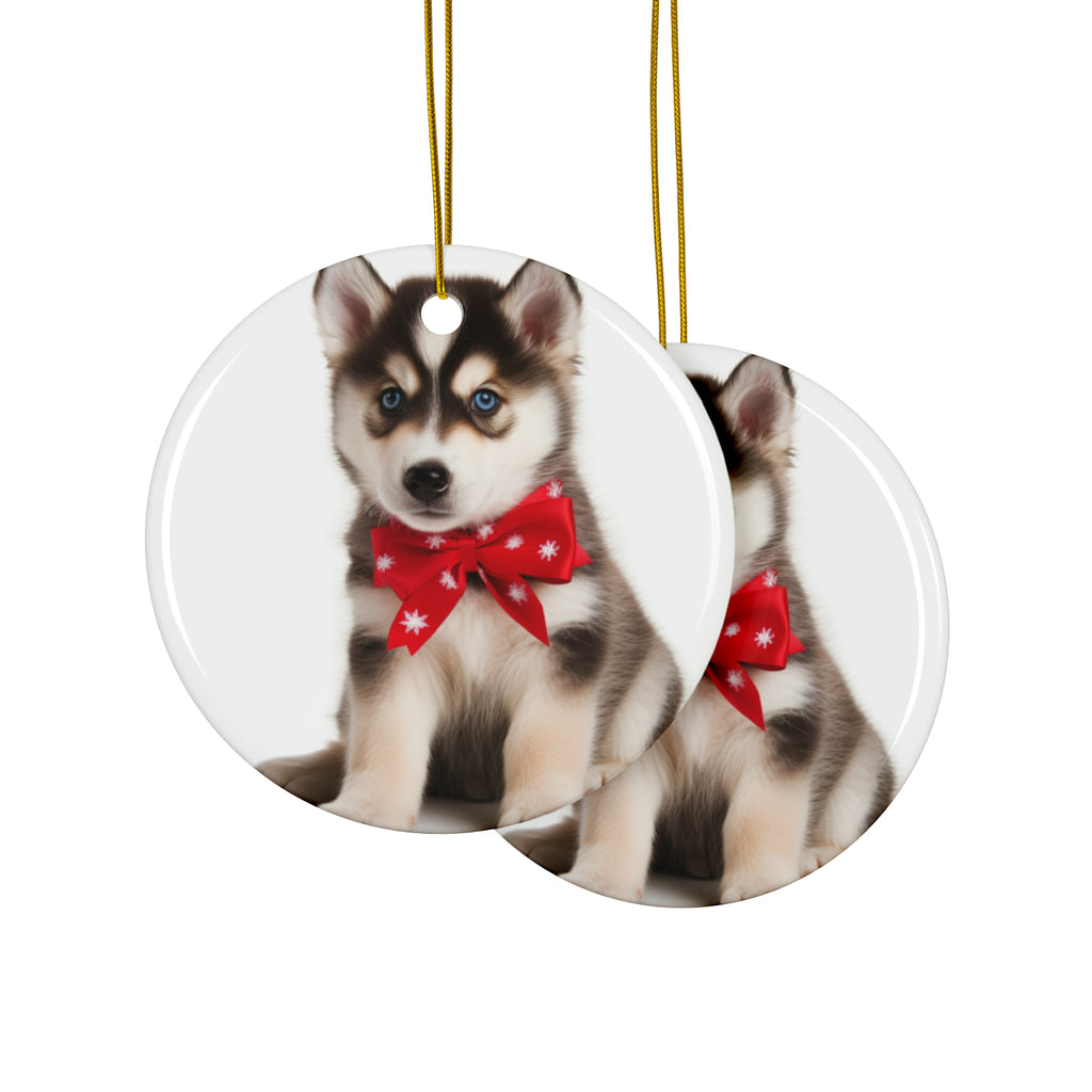 Hanging Ceramic Christmas Tree Ornament with Gold String - Siberian Huskie Puppy Design, view 2