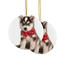 DistinctInk Hanging Ceramic Christmas Tree Ornament with Gold String - Great Gift/Present - 2 3/4 inch Diameter - Siberian Huskie Puppy Design