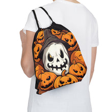 DistinctInk Drawstring Bag Backpack with Spooky Skeleton Pumpkin Patch Design for Halloween