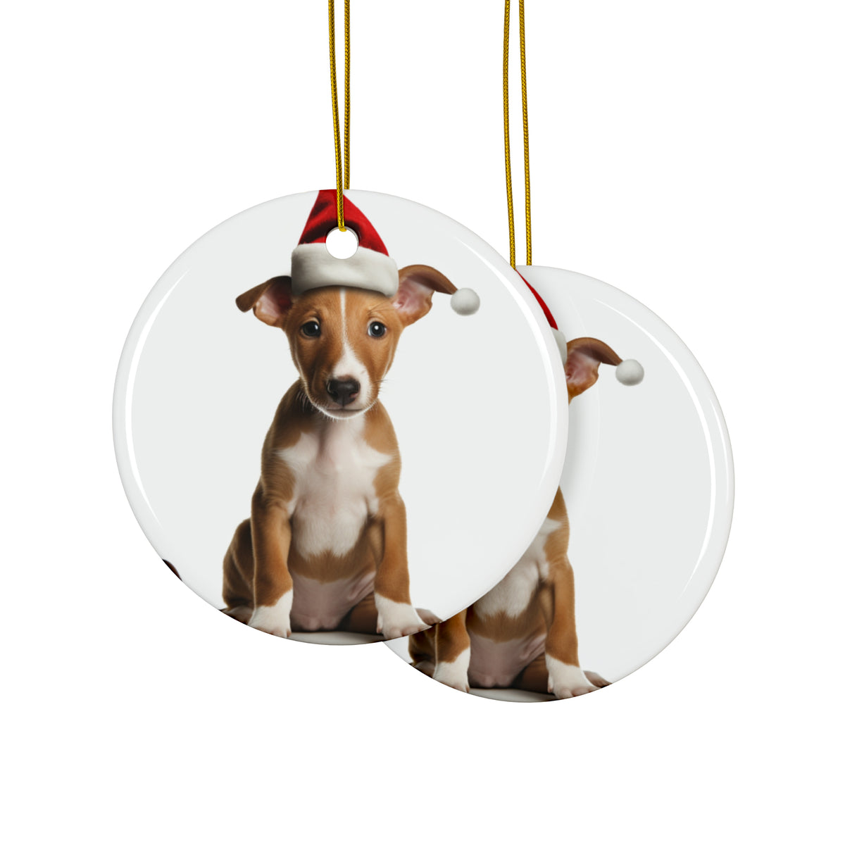 Hanging Ceramic Christmas Tree Ornament with Gold String - Ibizan Hound Puppy Design, view 2