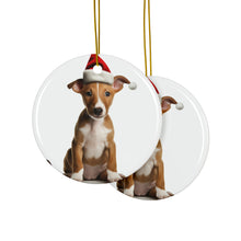 DistinctInk Hanging Ceramic Christmas Tree Ornament with Gold String - Great Gift/Present - 2 3/4 inch Diameter - Ibizan Hound Puppy Design