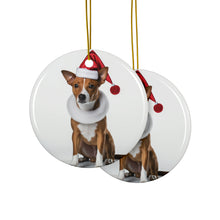 DistinctInk Hanging Ceramic Christmas Tree Ornament with Gold String - Great Gift/Present - 2 3/4 inch Diameter - Basenji Design