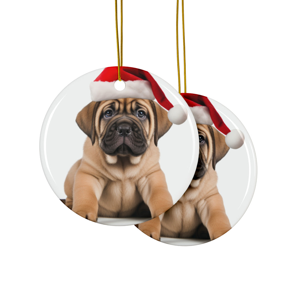 Hanging Ceramic Christmas Tree Ornament with Gold String - Mastiff Puppy Design, view 2