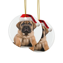 DistinctInk Hanging Ceramic Christmas Tree Ornament with Gold String - Great Gift/Present - 2 3/4 inch Diameter - Mastiff Puppy Design