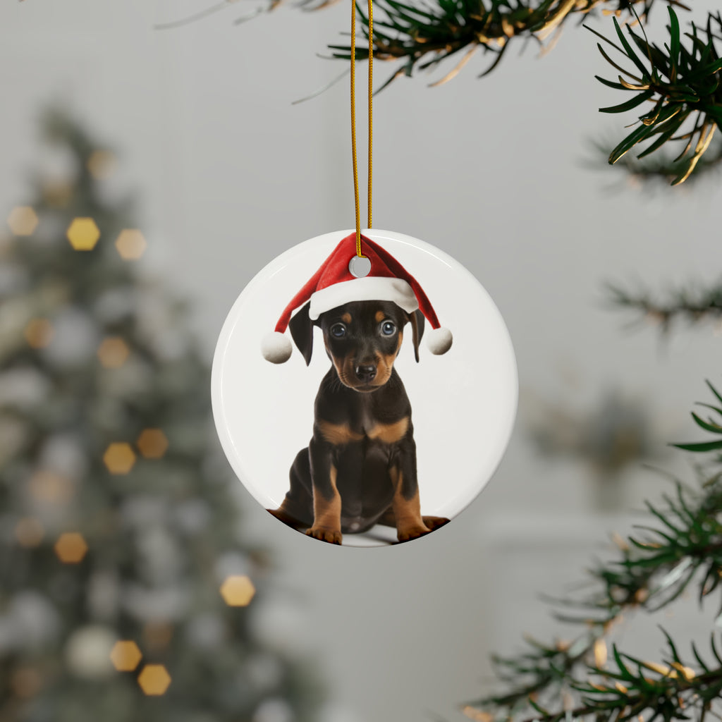 Hanging Ceramic Christmas Tree Ornament with Gold String - German Pinscher Puppy Design, view 3