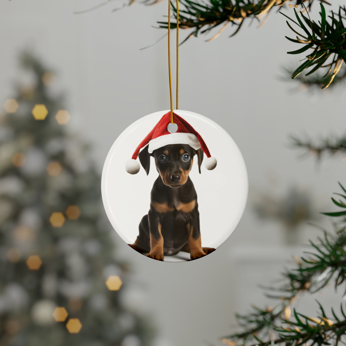 Hanging Ceramic Christmas Tree Ornament with Gold String - German Pinscher Puppy Design, view 3