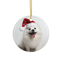 DistinctInk Hanging Ceramic Christmas Tree Ornament with Gold String - Great Gift/Present - 2 3/4 inch Diameter - American Eskimo Dog Design