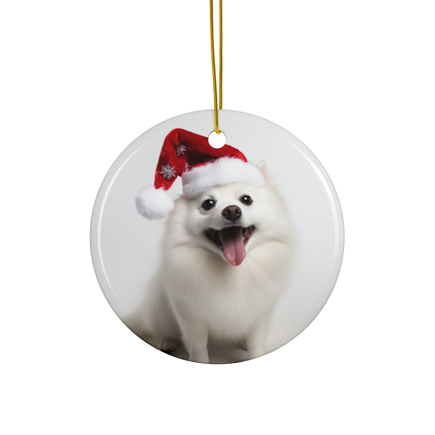 DistinctInk Hanging Ceramic Christmas Tree Ornament with Gold String - Great Gift/Present - 2 3/4 inch Diameter - American Eskimo Dog Design
