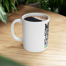 DistinctInk Glossy White Coffee / Tea Mug - More Confused than Chameleon in Skittles