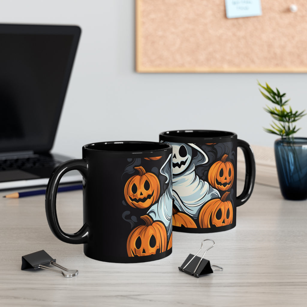 Black Coffee Mug - Spooky Skeletal Pumpkin Patch for Halloween, view 5