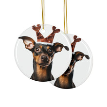 DistinctInk Hanging Ceramic Christmas Tree Ornament with Gold String - Great Gift/Present - 2 3/4 inch Diameter - German Pinscher Design