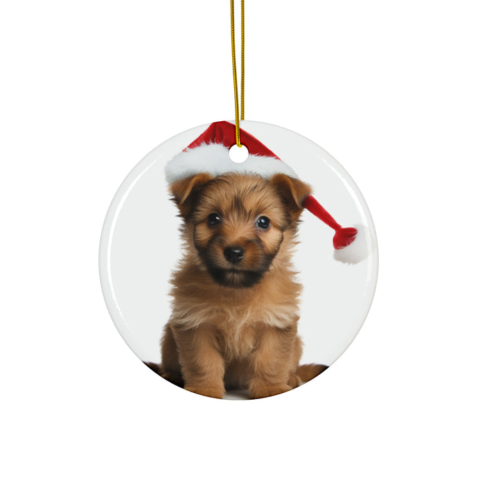 DistinctInk Hanging Ceramic Christmas Tree Ornament with Gold String - Great Gift/Present - 2 3/4 inch Diameter - Australian Terrier Puppy Design