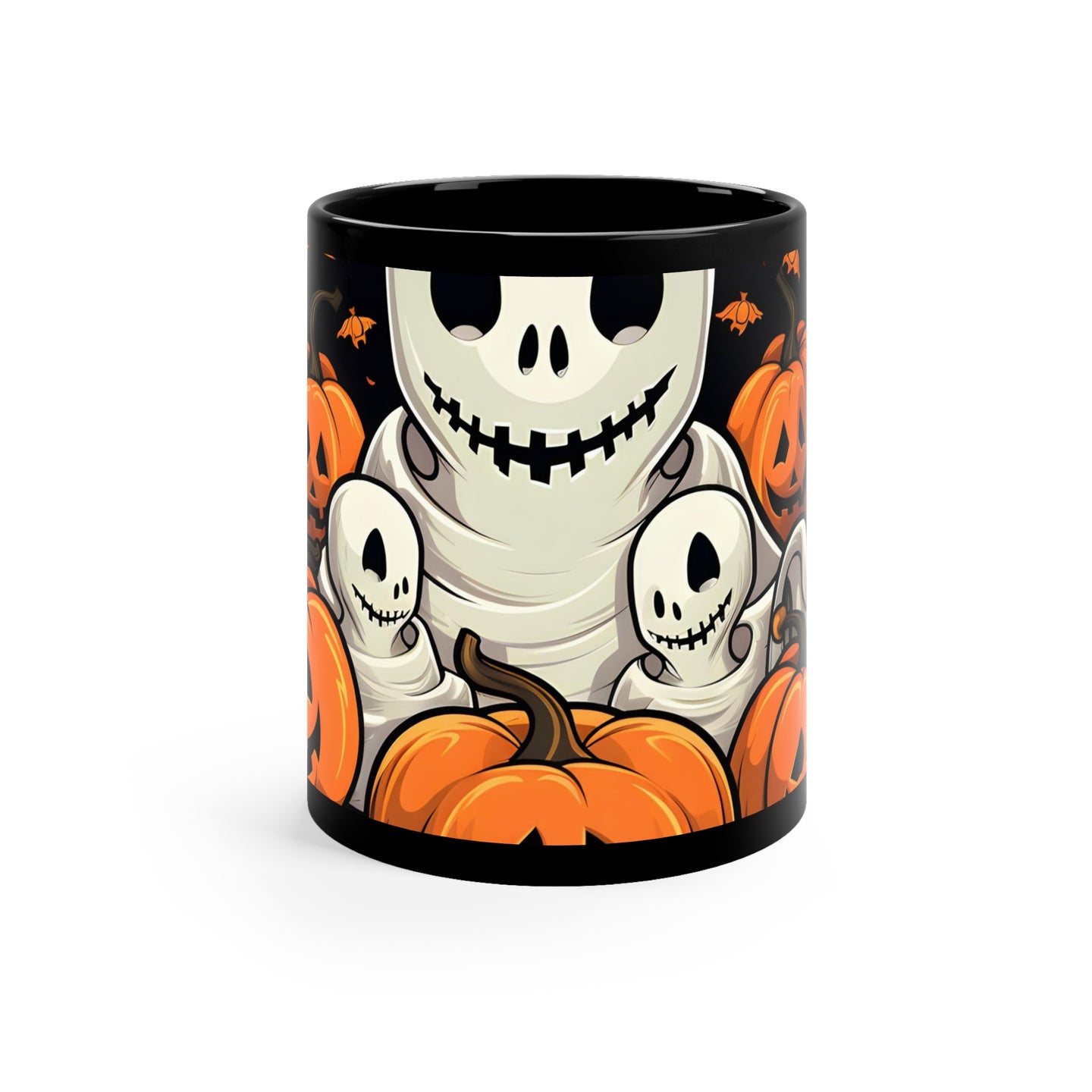 DistinctInk Black Coffee Mug - Ghost Skeleton Pumpkin Pattern for Halloween