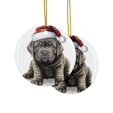 DistinctInk Hanging Ceramic Christmas Tree Ornament with Gold String - Great Gift/Present - 2 3/4 inch Diameter - Neapolitan Mastiff Puppy Drawing Design