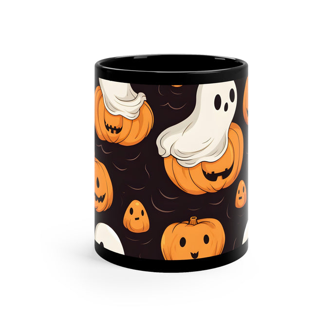 DistinctInk Black Coffee Mug - Haunted Skeleton Pumpkin Patch for Halloween