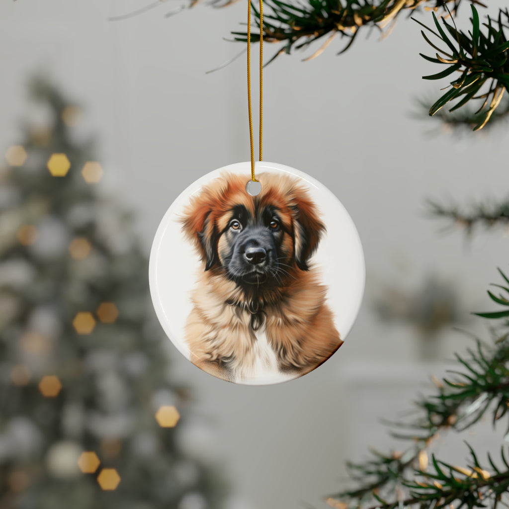 Hanging Ceramic Christmas Tree Ornament with Gold String - Leonberger Puppy Drawing Design, view 3