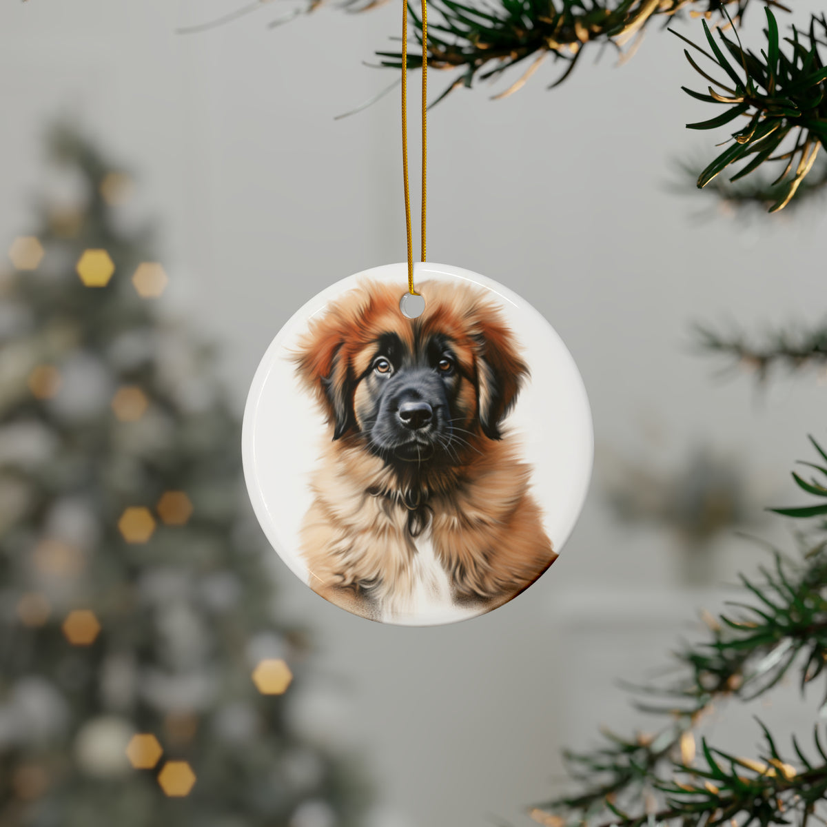 Hanging Ceramic Christmas Tree Ornament with Gold String - Leonberger Puppy Drawing Design, view 3