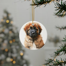 DistinctInk Hanging Ceramic Christmas Tree Ornament with Gold String - Great Gift/Present - 2 3/4 inch Diameter - Leonberger Puppy Drawing Design