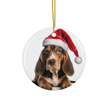 DistinctInk Hanging Ceramic Christmas Tree Ornament with Gold String - Great Gift/Present - 2 3/4 inch Diameter - American English Coonhound Puppy Design
