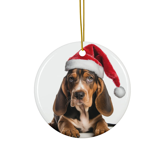 DistinctInk Hanging Ceramic Christmas Tree Ornament with Gold String - Great Gift/Present - 2 3/4 inch Diameter - American English Coonhound Puppy Design