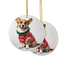 DistinctInk Hanging Ceramic Christmas Tree Ornament with Gold String - Great Gift/Present - 2 3/4 inch Diameter - Cardigan Welsh Corgi Design