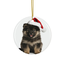 DistinctInk Hanging Ceramic Christmas Tree Ornament with Gold String - Great Gift/Present - 2 3/4 inch Diameter - Finnish Lapphund Puppy Design