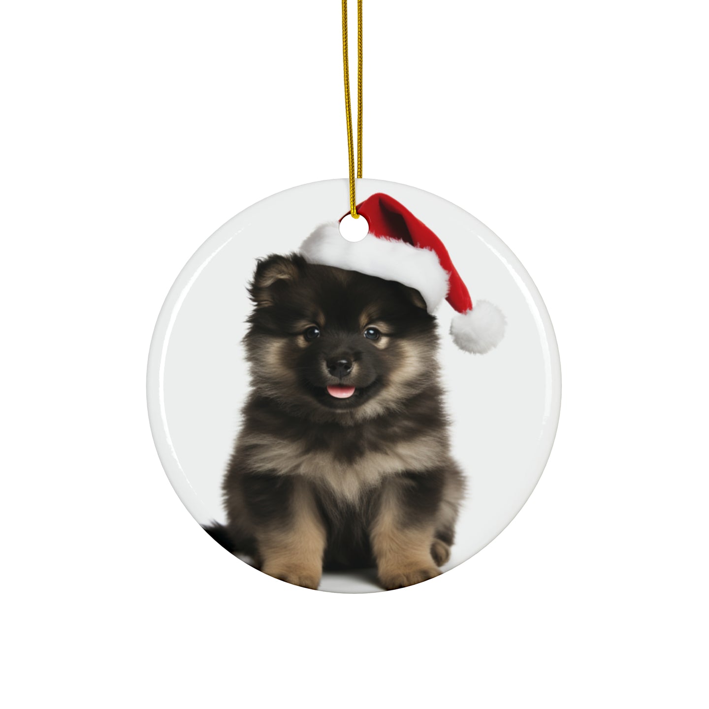 DistinctInk Hanging Ceramic Christmas Tree Ornament with Gold String - Great Gift/Present - 2 3/4 inch Diameter - Finnish Lapphund Puppy Design