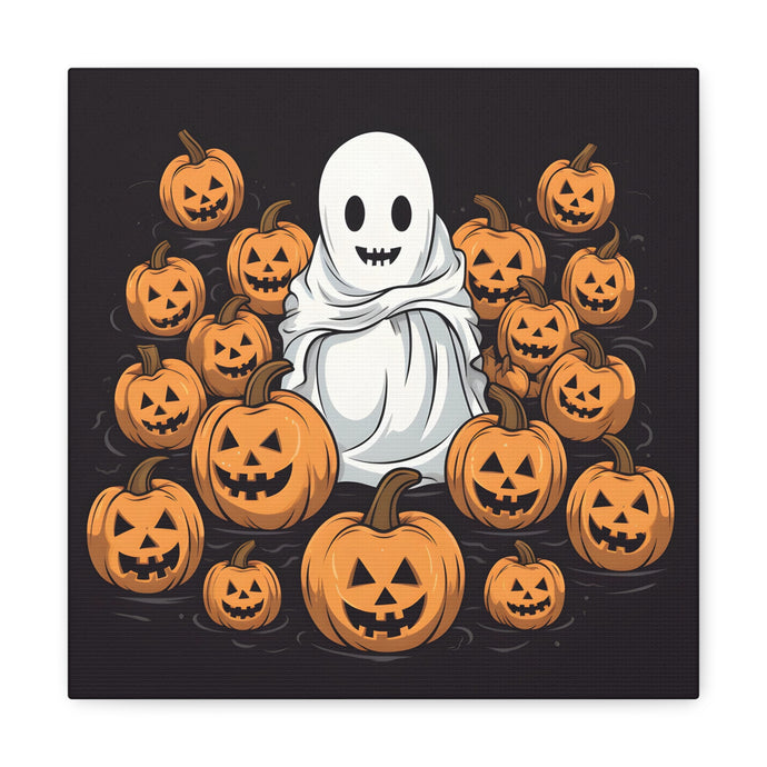 DistinctInk Canvas Wall Art with Skeletal Ghostly Pumpkin Patch for Halloween