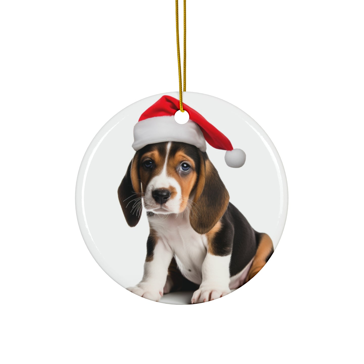 DistinctInk Hanging Ceramic Christmas Tree Ornament with Gold String - Great Gift/Present - 2 3/4 inch Diameter - Treeing Walker Coonhound Puppy Design