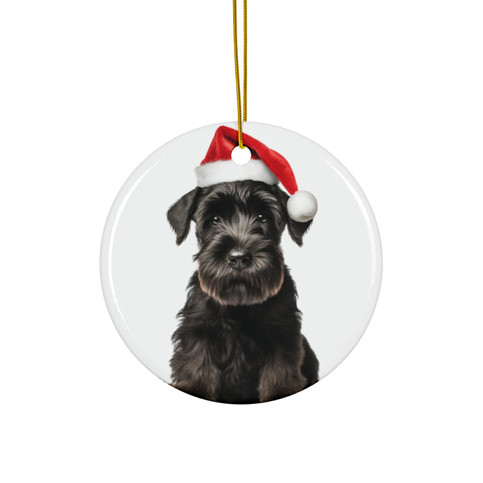 DistinctInk Hanging Ceramic Christmas Tree Ornament with Gold String - Great Gift/Present - 2 3/4 inch Diameter - Giant Schnauzer Puppy Design