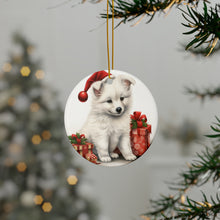 DistinctInk Hanging Ceramic Christmas Tree Ornament with Gold String - Great Gift/Present - 2 3/4 inch Diameter - American Eskimo Dog Puppy Drawing Design