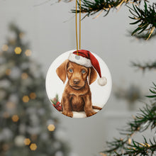 DistinctInk Hanging Ceramic Christmas Tree Ornament with Gold String - Great Gift/Present - 2 3/4 inch Diameter - Wirehaired Vizsla Puppy Drawing Design