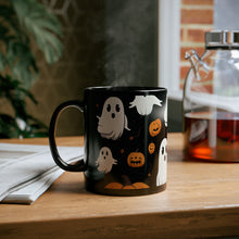 DistinctInk Black Coffee Mug - Ghost Skeleton Pumpkin Cartoon for Halloween