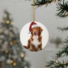 DistinctInk Hanging Ceramic Christmas Tree Ornament with Gold String - Great Gift/Present - 2 3/4 inch Diameter - Nova Scotia Duck Tolling Retriever Design