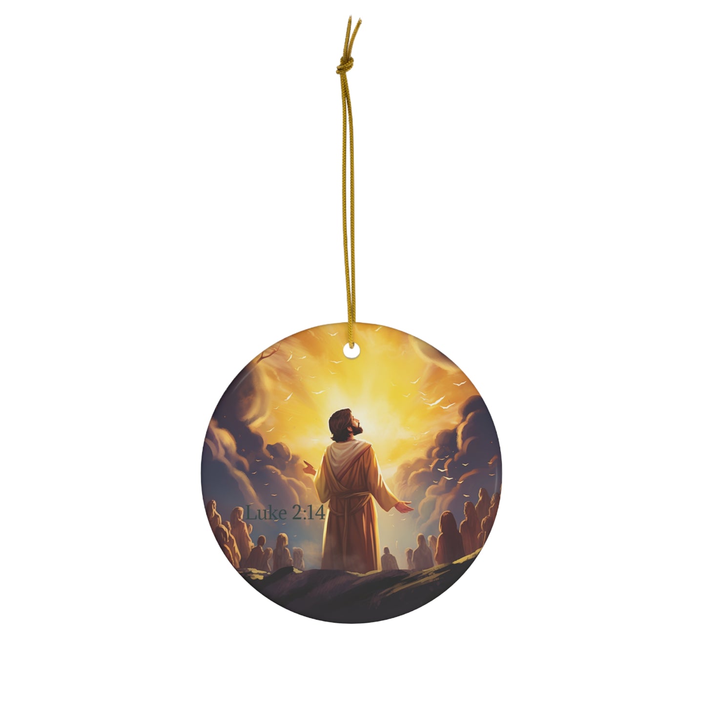DistinctInk Hanging Ceramic Christmas Tree Ornament Charm with Gold String - Great Gift/Present - 2 3/4 inch Diameter - Luke 2:14 - Glory to God in the Highest Heaven